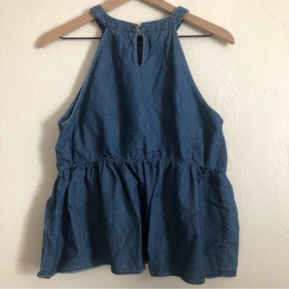 Tea Rose Blue Chambray Soft Denim Cotton Peplum High Neck Sleeveless Tank Top - Picture 7 of 7